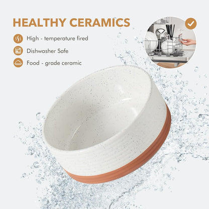 Ceramic 8.2inch Raised Double Dog Bowls Set with Acacia Wood Stand, Food & Water Bowls for Large Breed Dogs, Weighted Pet Dishes(60oz, Vanilla White)