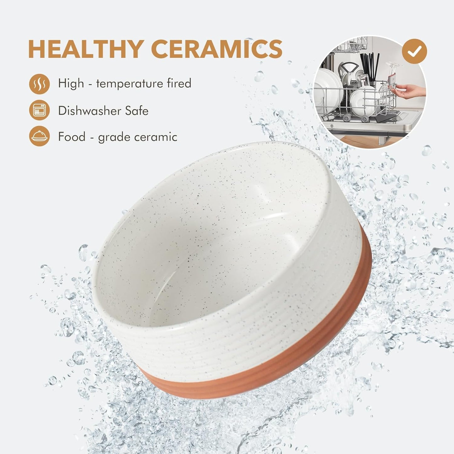 Ceramic 7.3inch Raised Dog Bowl Set, Elevated with Acacia Wood Stand, Food and Water Bowl for Medium Breed Dogs, Weighted Pet Dishes(41oz, Vanilla White)