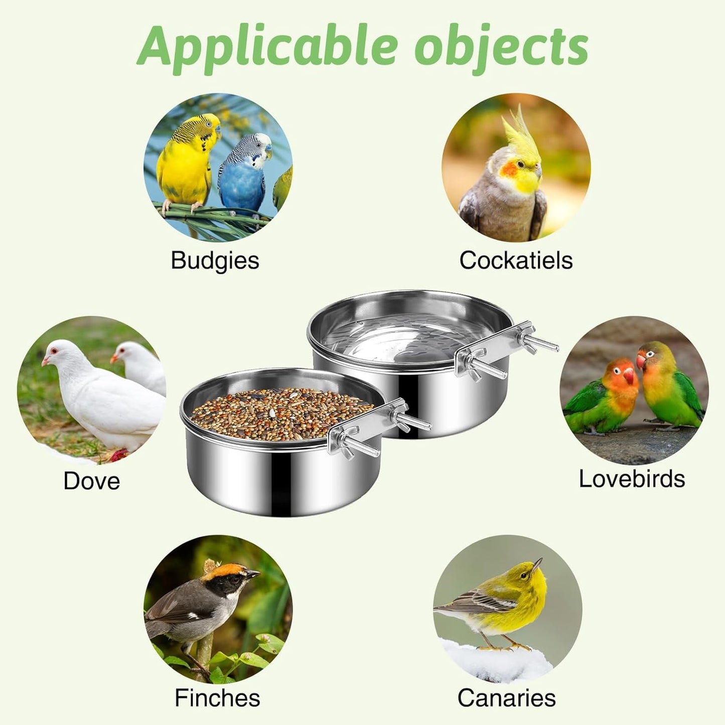 Tfwadmx 4 Pcs Stainless Steel Bird Bowls with Clamp,Clamp Holder Coop Cup,Bird Dishes for Cage, Cage Water Bowl for Cockatiels Lovebird Budgie Chinchilla