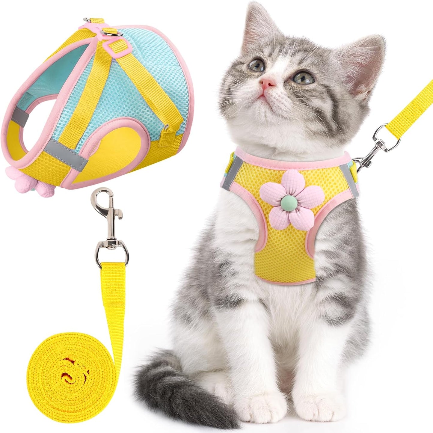 Cat Harness and Leash Set for Walking Escape Proof, Adjustable Kitten Harness Breathable Mesh with Reflective Strips Harness with Flower for Kitty Puppy Bunny Yellow XS
