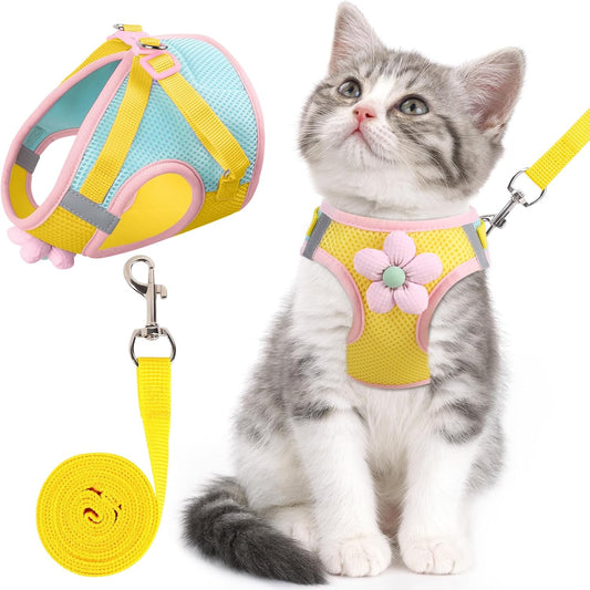 Cat Harness and Leash Set for Walking Escape Proof, Adjustable Kitten Harness Breathable Mesh with Reflective Strips Harness with Flower for Kitty Puppy Bunny Yellow Small
