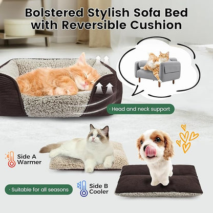 Miguel Washable Dog & Cat Bed with Removable Cushion for Medium & Small Dogs, Easy to Wash Pet Sofa Bed with Side Bolster, Anti-Slip Bottom, Brown, 30 Inch Rectangle