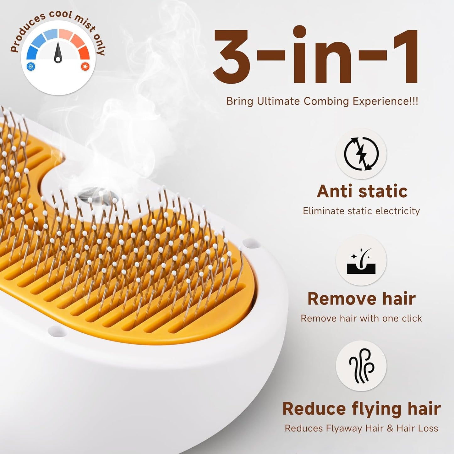 Pet Steam Brush for Dog & Cat - 3-in-1 Pet comb leave-in serum for Shedding & Hair Removal - Self Cleaning Spray Comb with Mist for Long Haired Pets - Includes 1*Waterless Shampoo, Yellow