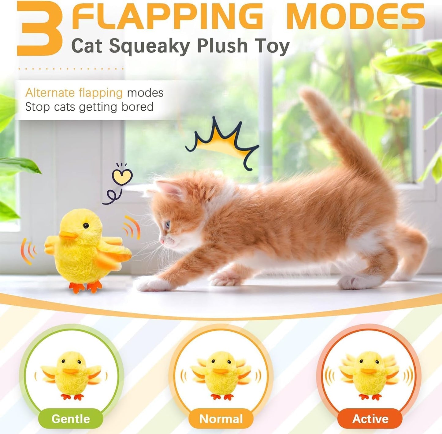 SmartTail Cat Toys Rechargeable Flapping Duck, Lifelike Quacking Sound, Touch Activated Kitten Plush Toy Interactive Cat Exercise Toys for All Indoor Kicker Toys 4.0 Inches