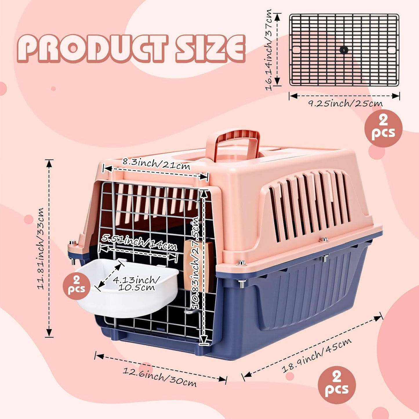 2 Set Pet Carrier for Small Dogs and Cat, Hard Shell Plastic Dog Crate with Bowl and Cooling Pad Fully Breathable Portable Kennel for Small Pet Travel Camp(Blue,18.9 x 12.6 x 11.8 Inch)