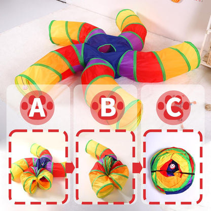 Pet Cat Tunnel, 5 Way Tunnels for Indoor Cats, Collapsible Pet Tunnel for Kitten, Puppy, Rabbit, 25cm-Wide Tunnels, Durable & Breathable, with Peek Hole Toy Ball