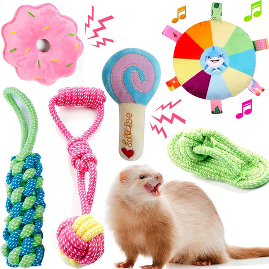 6 Pack Ferret Chew Toys Ferret Bell Balls Squeaker Toys Squeak Toy Teething Pet Toy Durable Knotted Tug of war Toy Cotton Chew Toys Exercise Scratch Toy Interactive Cat Dog Rope Toy Set Small Animals