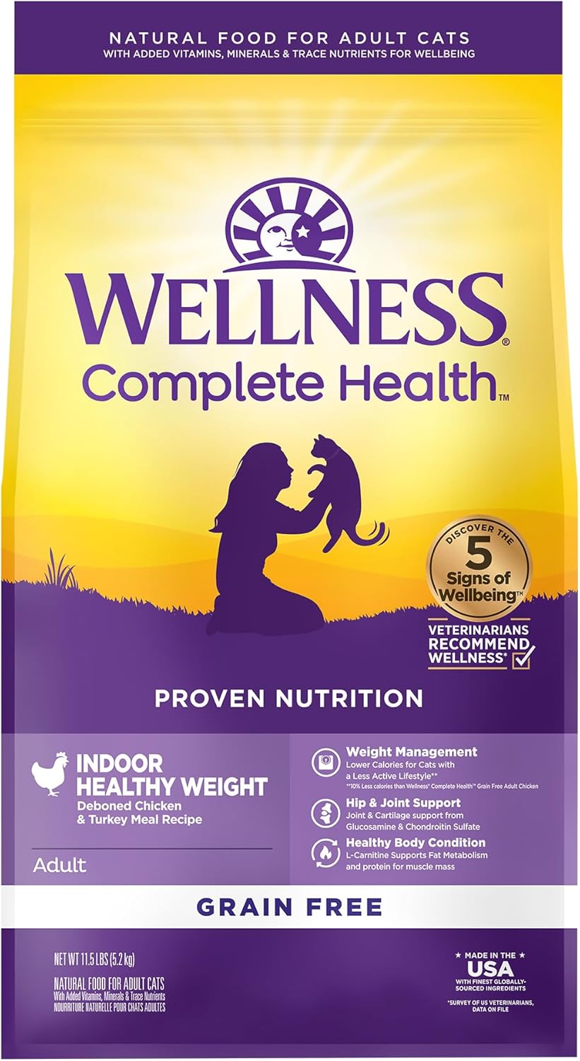Wellness Complete Health Adult Dry Cat Food for Indoor Cats, Grain Free, Natural, Healthy Weight Chicken & Turkey Meal (11.5 Pound Bag)