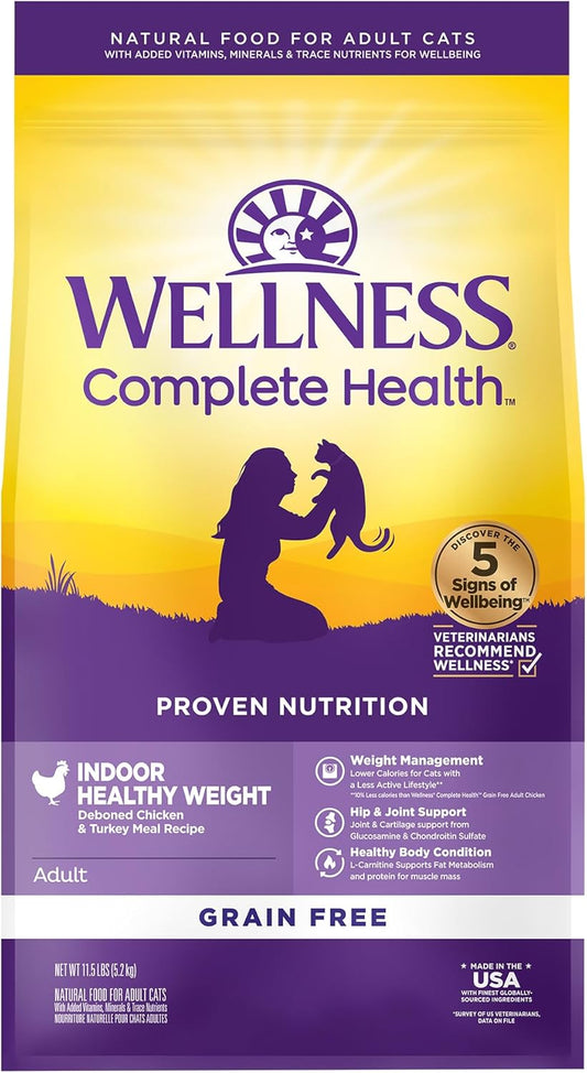 Wellness Complete Health Adult Dry Cat Food for Indoor Cats, Grain Free, Natural, Healthy Weight Chicken & Turkey Meal (11.5 Pound Bag)