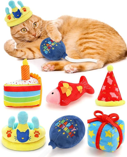 CiyvoLyeen 6Pcs Birthday Themed Catnip Toys Cat Birthday Gift Kitten Interactive Toys for Cat Lover Cake Crown Fish Soft Plush Catmint Pet Supplies Kitty Chew Kick Toys