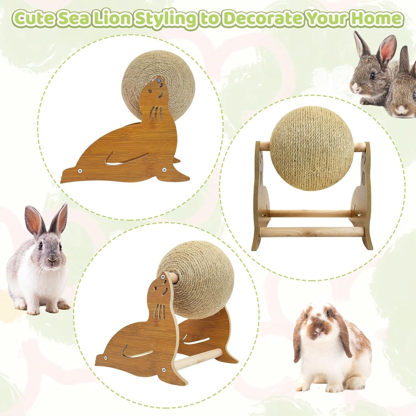 Fhiny Rabbit Scratch Toy, Natural Sisal Bunny Toy Rabbit Scratching Ball Cute Sisal Bunny Claw Scratcher Ball Enrichment Interactive Toy Scratching Post for Kittens Ferrets Sea Lion Shape
