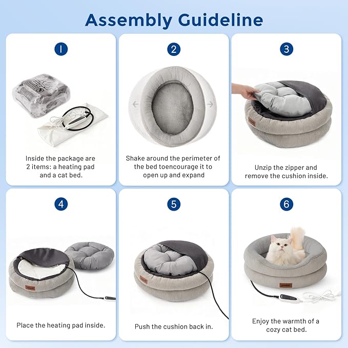 Heated Cat Bed Indoor - Adiustable Temperature Pet Heating Bed with Timer and Chew Resistant Cord, Washable Puppy Bed with Non-Slip Bottom, 21" x 21" x 8", Blue