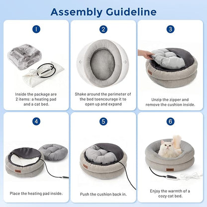 Heated Cat Bed Indoor - Adiustable Temperature Pet Heating Bed with Timer and Chew Resistant Cord, Washable Puppy Bed with Non-Slip Bottom, 21" x 21" x 8", Blue