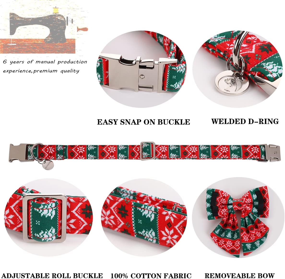 DOGWONG Christmas Dog Collar with Sailor Bow tie, Red Green Strip Snowflake Dog Collar Soft Durable Adjustable Cotton Puppy Collar for Small Medium Large Dog