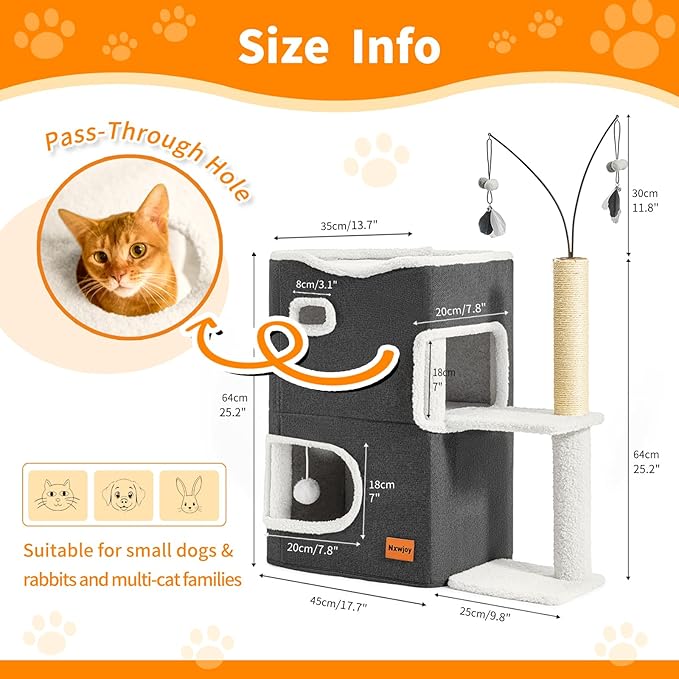 Cat Bed for Indoor Cats with Scratching Post Cat Beds Furniture Cave House 2-Storey Cats Hideaway Playhouse Condo with Fluffy Ball Toys for Pets Dark Grey