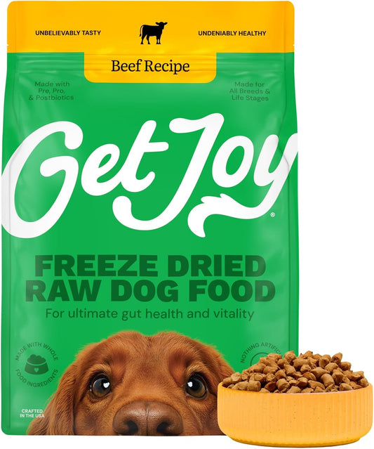 Get Joy Freeze Dried Raw Beef Dog Food, High Protein Grain Free Meal, Topper & Treat, Gut Health Support with Probiotics, Small to Large Breed, 32oz Bag