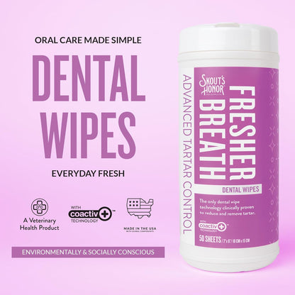 SKOUT'S HONOR Fresher Breath Dental Wipes- Pet Dental Wipes - Fights Plaque and Tartar, Freshens Breath Fast, No Brushing Required, 50 Sheets