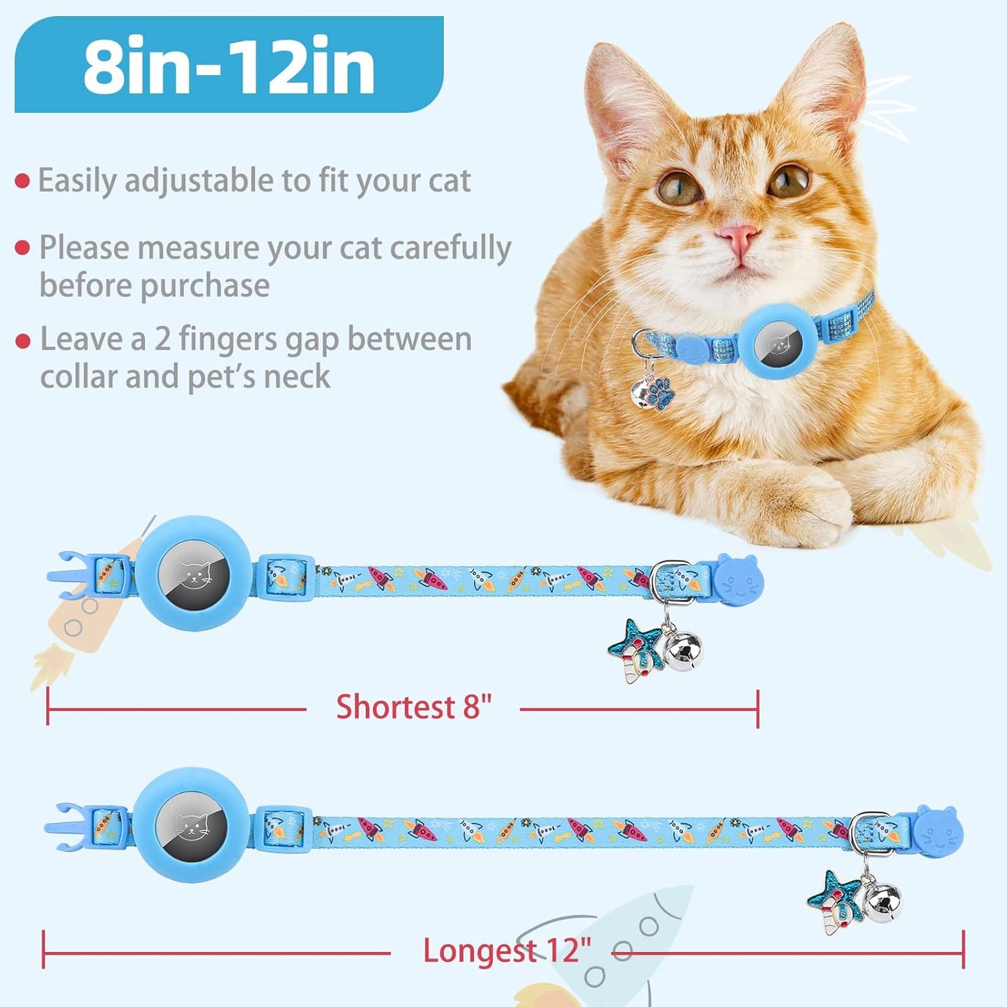 PUPTECK Airtag Cat Collar Breakaway 2 Pack with Bells, Reflective Kitten Collar with Air Tag Holder for Boy Girl Kitty and Puppies, Soft, Blue