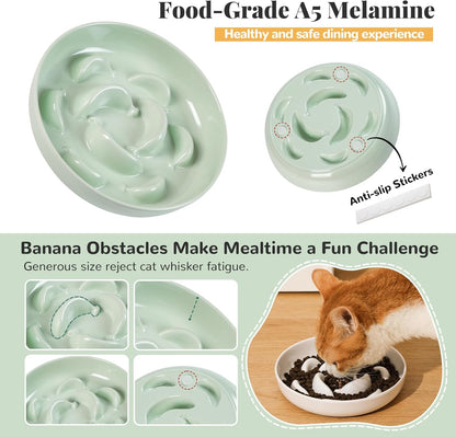 Melamine Slow Feeder Cat Bowls - Set of 3 Cat Food Dishes - Fun Maze Design for Slow Feeding - Dishwasher Safe - White, Blue, Green