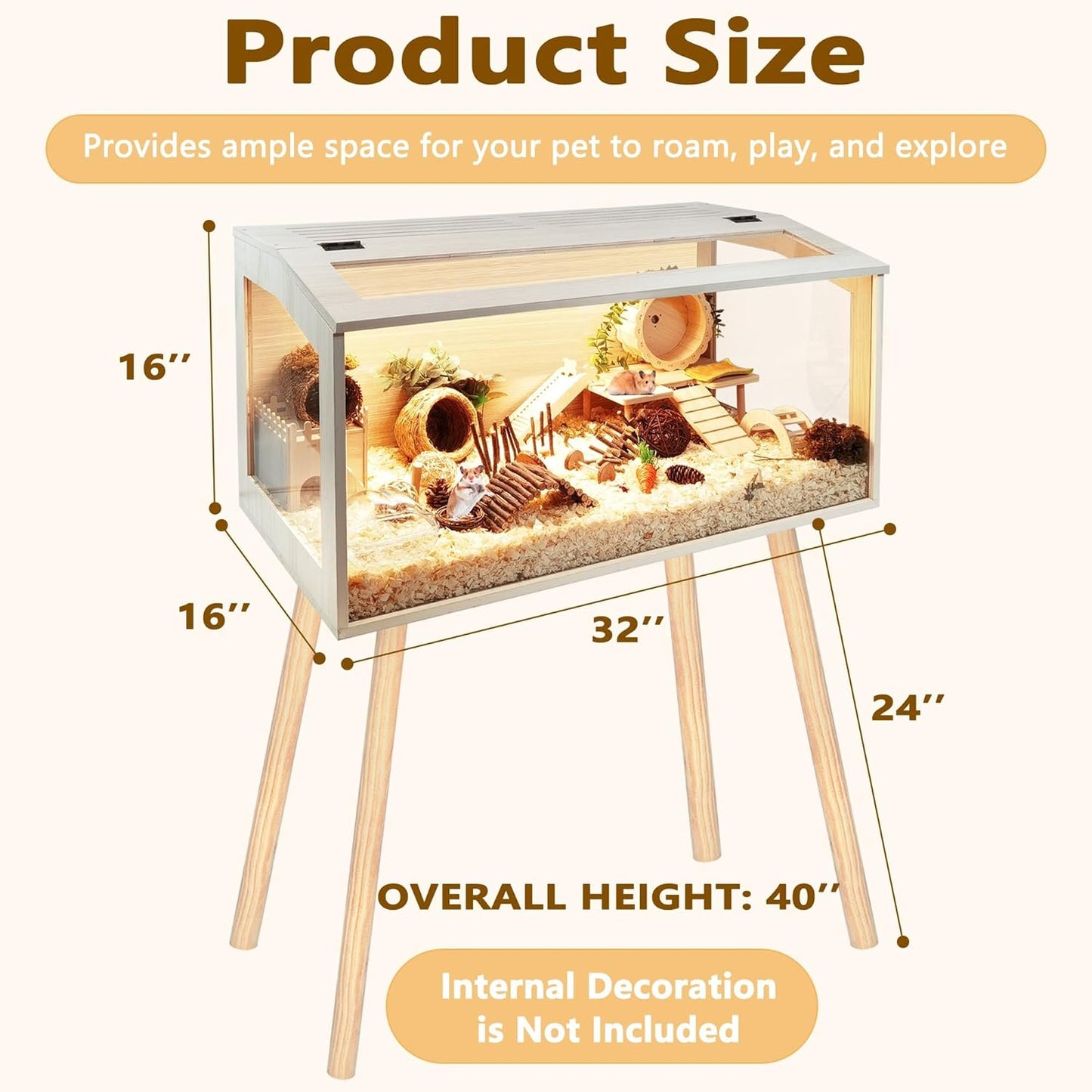 Prolee Hamster Cage Wooden Chew Proof, Extra Large Mice and Rat Habitat Openable Top with Acrylic Sheets Solid Built Small Animal Cage with Leg Stands, 32 Inch Long