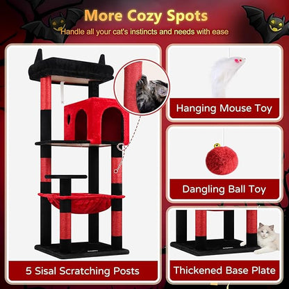 Globlazer Gothic Cat Tree Tower with Scratching Post for Indoor Cats, 53inch Tall Plush Multi-Level Cat Climbing Tower Condo with Large Hammock, Spacious Cat Cave, Padded Top Perch, F53, Red Black