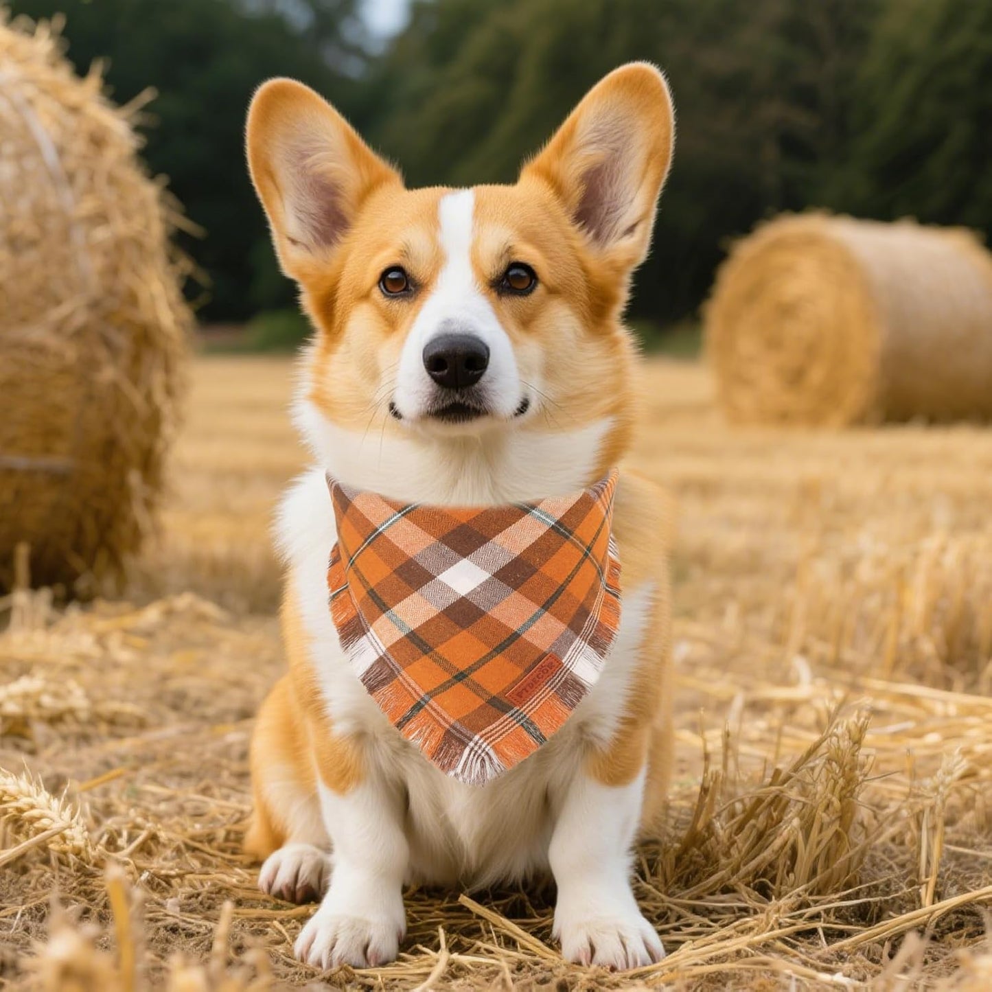 PTDECOR Fall Dog Bandanas with Tassels Edges, 2 Pack Orange Plaid Scarf Bib, Halloween Thanksgiving Pet Bandana, Reversible Triangle Bandanas for Medium Large Dogs Pets (Large)