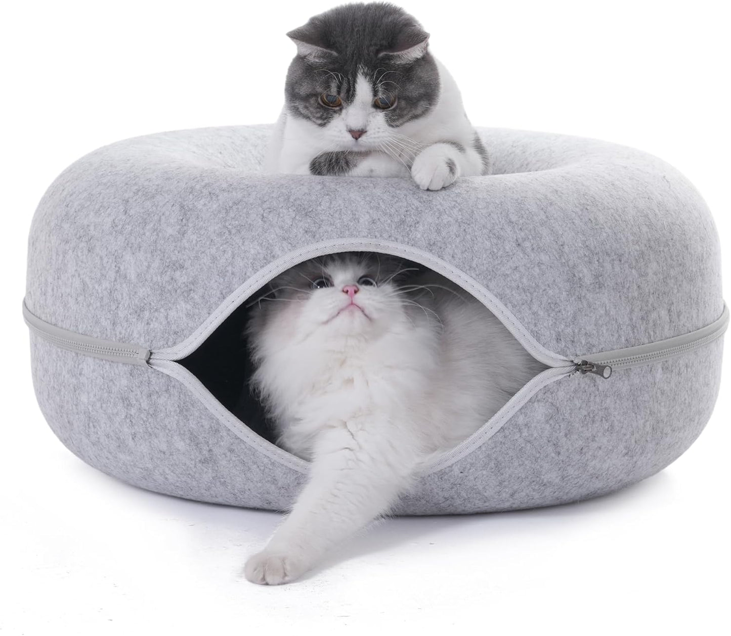 Large Cat Tunnel Bed for Indoor Cats with 3 Toys, Scratch Resistant Donut Cat Bed, Up to 30 Lbs (L 24x24x11, Light Grey)