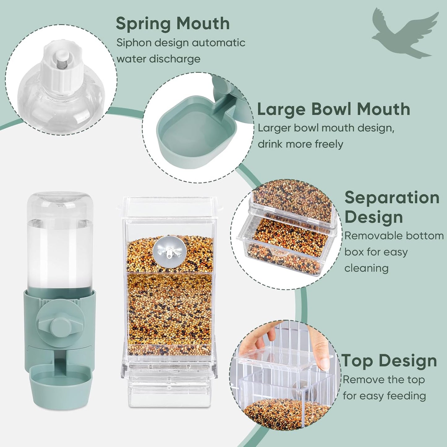 No Mess Bird Feeder Water Dispenser Set, Bird Feeder for Cage, Cage Accessories for Cockatiels, Finches, Budgies and Canaries