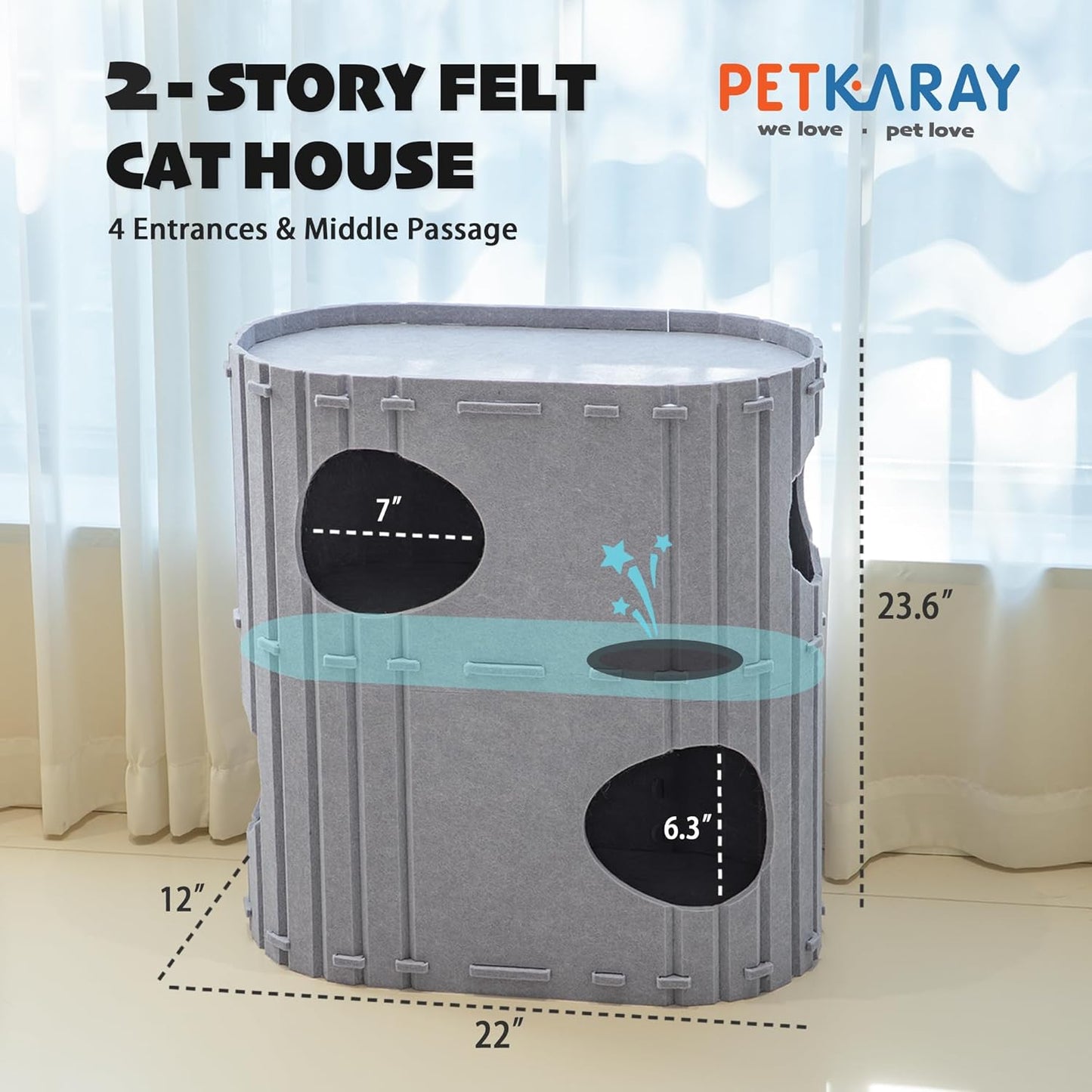 PETKARAY 2-Story Felt Cat House, Large Bed Cave for Indoor Cats, Felt Tunnel Hideaway Condo for Multi-Cat Households, 23.6x22x12 inches, Grey