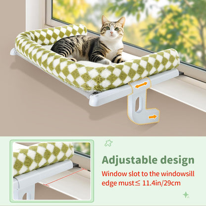 Sunhoo Cat Window Perch Hammock Sturdy Windowsill Bed Seat for Large Cats No Drilling No Suction Adjustable Kitty Shelf with Washable Cover Easy Assembly Holds up to 40 lbs 22.05 * 15 in (Green, S)