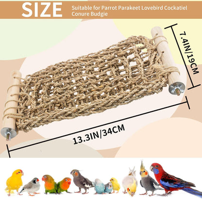 FlidRunest Conure Ladder Perch for Cage, Bird Seagrass Ladder Bridge Exercise Stands, Natural Hand-Woven Parrot Net Climbing Chewing Hammock, Cage Accessories for Lovebird Conure Budgie Parakeet