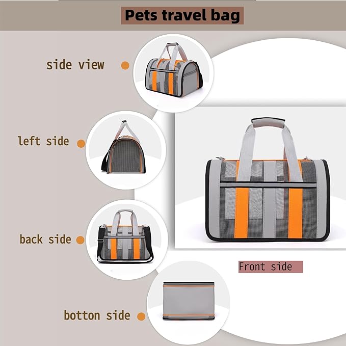 Airline Approved Soft Sided Cat Carrier and Small Dog Crate up to 10lbs - Lightweight Cats Bag Carrier for Pets with Litter Pocket for Kittens and Puppies (Gray and Orange, Small)