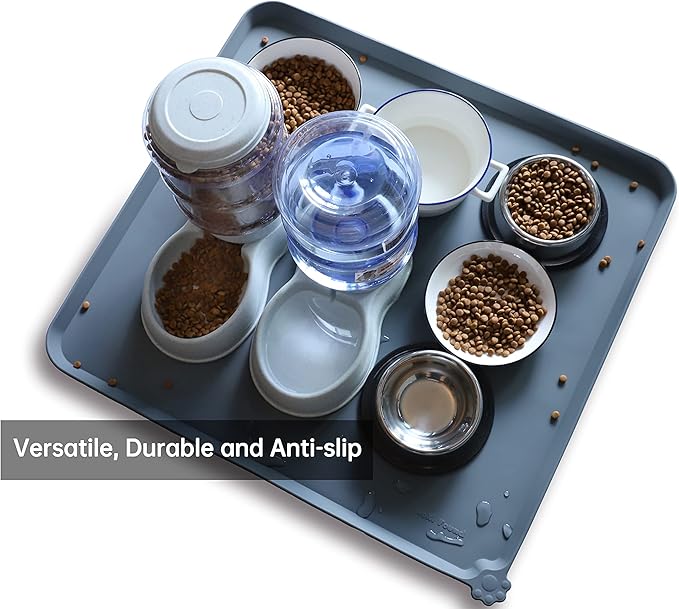 Hoki Found XX-Large Silicone Pet Feeding Mats - Non Slip Cat Dog Bowl Mats - Waterproof, Gray (28'' x 26'')