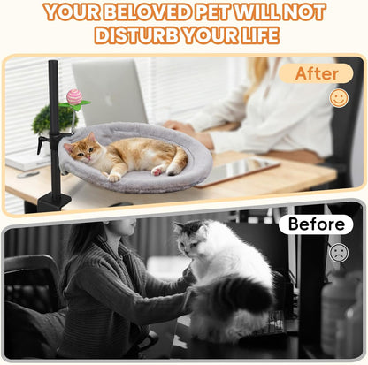 16-Inch Cat Desk Bed - 360° Rotating & Adjustable, Soft Faux Fur, Supports Up to 44lbs, Removable & Washable, Modern Indoor Cat Furniture for Office Desks, Gaming Tables & Island Tables (Round)