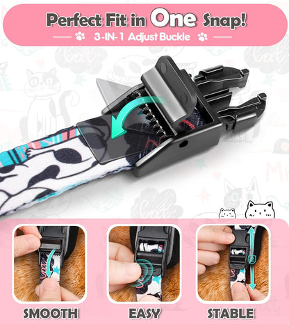 Halypet Cat Harness and Leash Set[MAX Safety 4th-Gen] Cute Escape Proof Vest Harness for Girl&Boy Cat Walking, Comfortable Adjustable Leash and Reflective Strips for Outdoor Kitten, S Inky Meowy