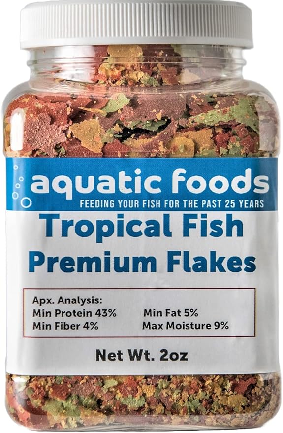 Aquatic Foods Inc. Tropical Fish Premium Flakes for All Community Tropical Fish, Cichlids and Pond Fish. Aquatic Foods Premium Flakes…2oz Small Jar