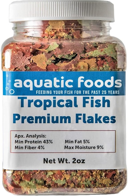 Aquatic Foods Inc. Tropical Fish Premium Flakes for All Community Tropical Fish, Cichlids and Pond Fish. Aquatic Foods Premium Flakes…2oz Small Jar