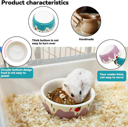 2 Pack Hamster Food Bowl Small Animals Ceramic Food Water Bowl Prevent Tipping Moving for Gerbil Chinchilla Hedgehog Rat (Color: Purple + Blue)