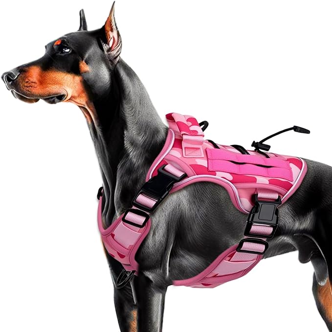 Heavy-Duty Tactical Dog Harness for Large Dogs, No Pull Adjustable Reflective Pet Vest with Molle System, K9 Military-Grade Control for Service Training, Outdoor & 10+ Breeds, Pink Camo, Medium