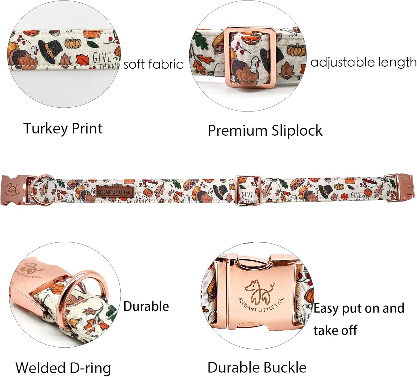Elegant little tail Thanksgiving Dog Collar, Fall Turkey Print Pet Collar Durable Dog Collars Male or Female Holiday Pet Gift Adjustable Dog Collar for Medium Dogs