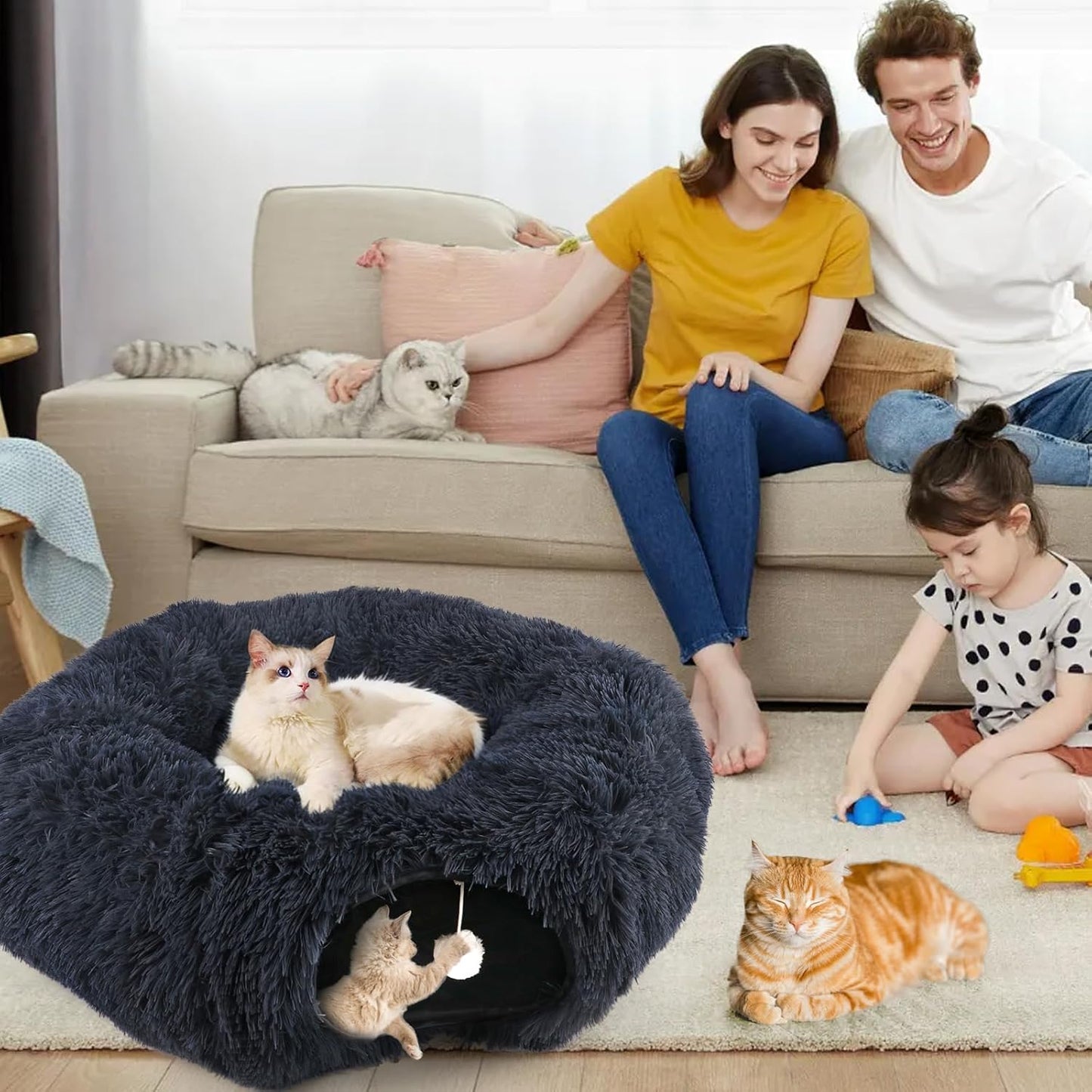 Cute Donut Cat Tunnel, Large Foldable Fluffy Tunnel with Washable Pads and Toy Balls for Indoor Cats