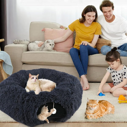 Cute Donut Cat Tunnel, Large Foldable Fluffy Tunnel with Washable Pads and Toy Balls for Indoor Cats