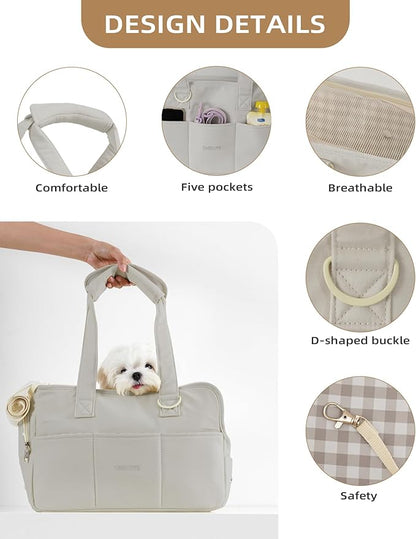 Dog Purse Carrier for Small Dogs Rabbit cat with Large Pockets, Cotton Bag, Dog Carrier Soft Sided, Collapsible Travel Puppy Carrier (Grey, 13.6" L x 6.5" W x 10" H)