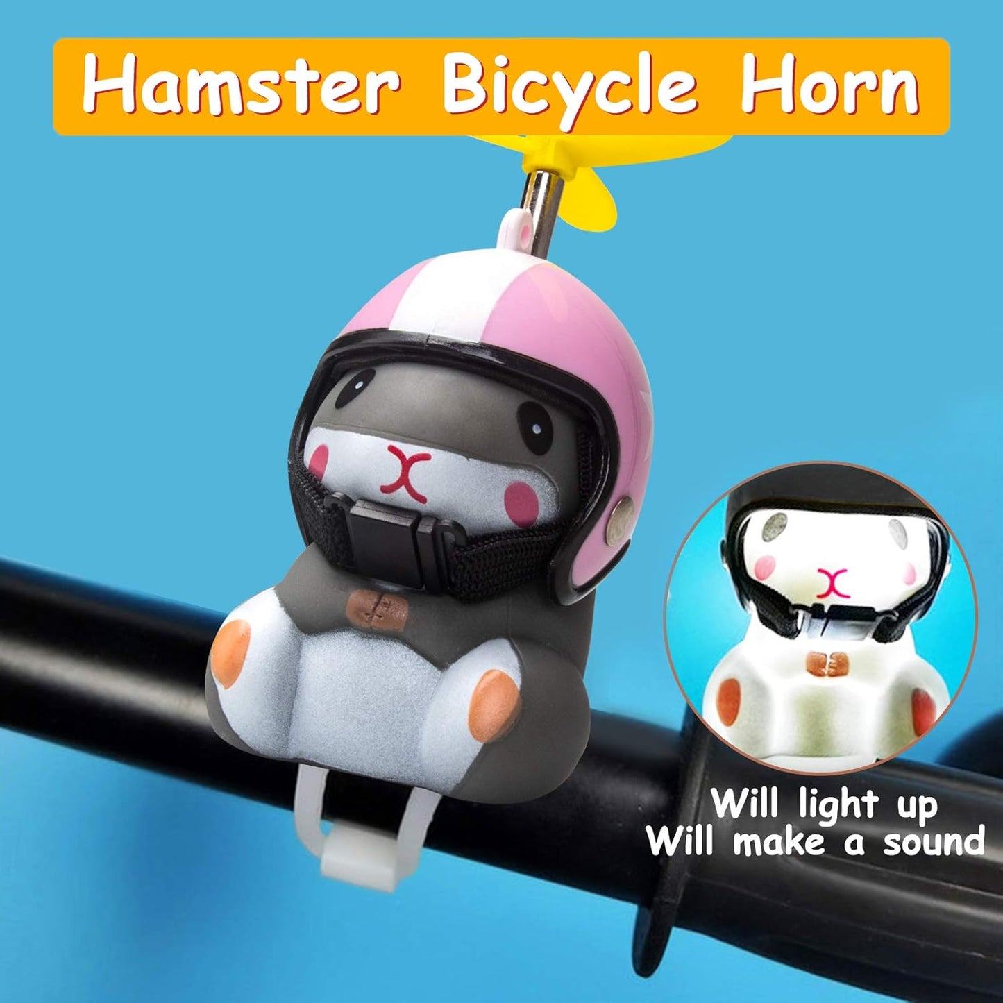 wonuu Duck Bike Bell with Light and Helmet Cute Hamster Bicycle Horn, Dashboard Decoration Hamster Toy Motorcycle Bike Bells Rubber Duck Car Dashboard Decorations (Pink&Star-Hamster)