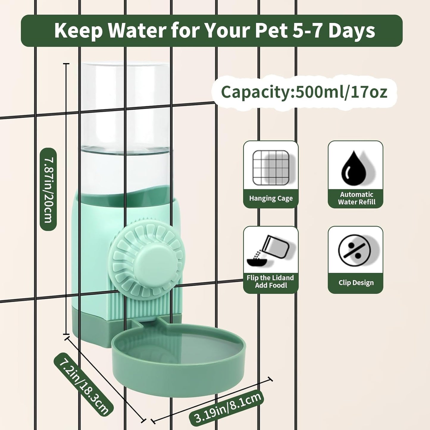 17oz Rabbit Water Bottle for Cage, No Drip Guinea Pig Water Bottle, Hanging Automatic Water Dispenser for Bunny Hamster Puppies Small Animals(Cage Grid Spacing Over 1'')