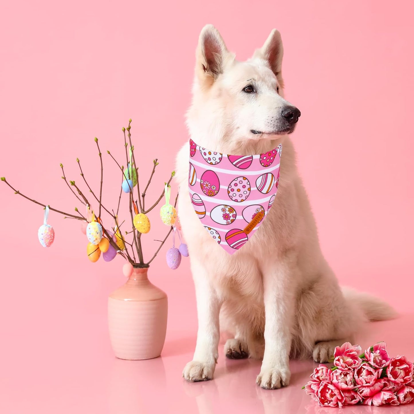 ADOGGYGO Easter Dog Bandana, Pink Bunny Scarf, Premium Durable Fabric, Adjustable Fit Female Pet Easter Bandanas for Extra Large Dogs (X-Large)