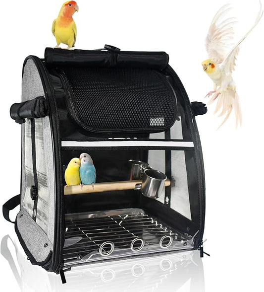 Bird Carrier Bag, Bird Travel Cage with Standing Perch and Indestructible Stainless Steel Mesh, Protable Transparent Breathable Carrier with Feeder Cups for Small Birds Parrot Parakeet, Grey