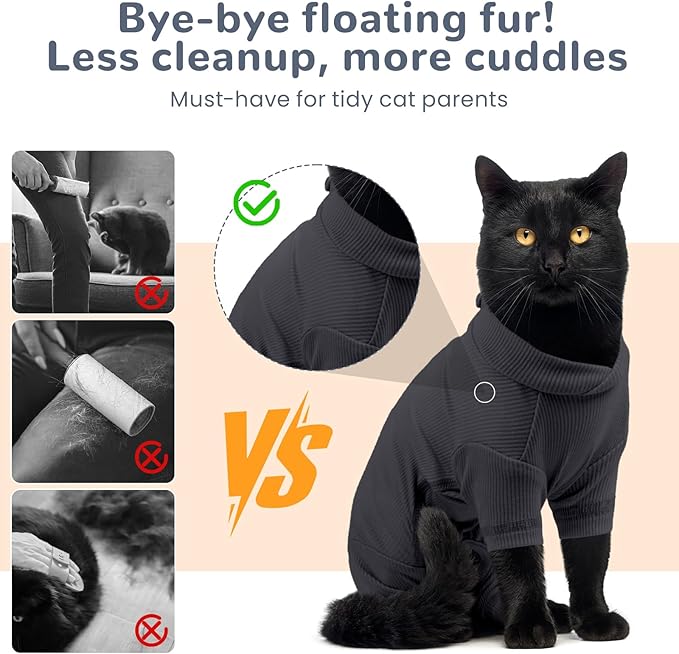 Sticky Hair Cat Clothes, Breathable & Lightweight, Reduces Shedding Fur Pajamas, Full Body Long Sleeve Surgical Bodysuit, Stop Licking & Shedding,Darkgrey,L