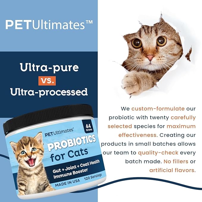 Pet Ultimates Probiotics for Cats – 2 Pack of 20-Species Cat Probiotic Powder to Treat Diarrhea, Vomiting, Digestive Support & Antibiotics Recovery – Cat's Health Supplies (44 gr)