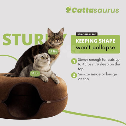 CATTASAURUS Peekaboo Cat Cave for Multiple & Large Cats Up to 30-45 Lbs, Scratch Detachable & Washable Tunnel Bed, Comfy Donut Cat Cave (Brown, Jumbo)